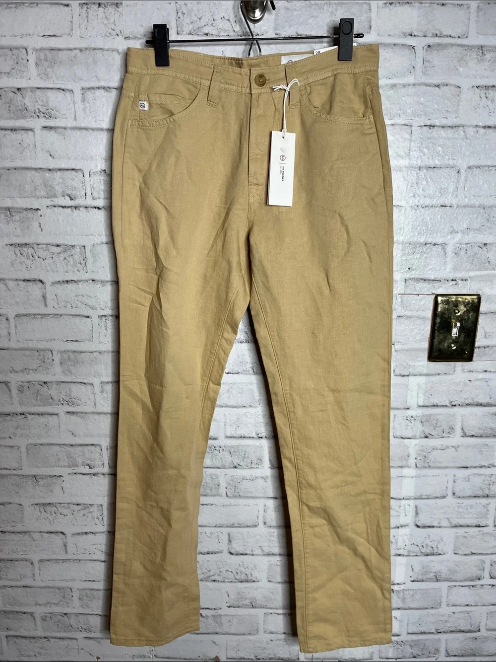NWT AG Adriano Goldschmied Everett slim straight linen tan pants
